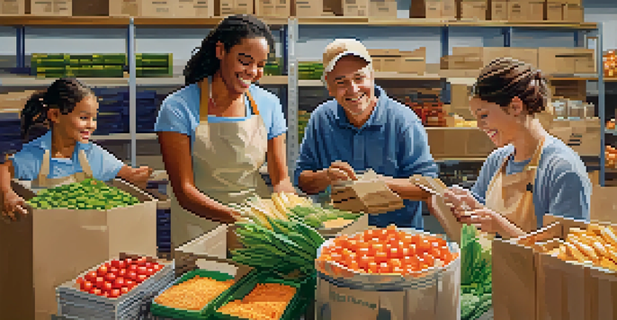 A family happily sorting food at a food bank, showcasing teamwork and community involvement.