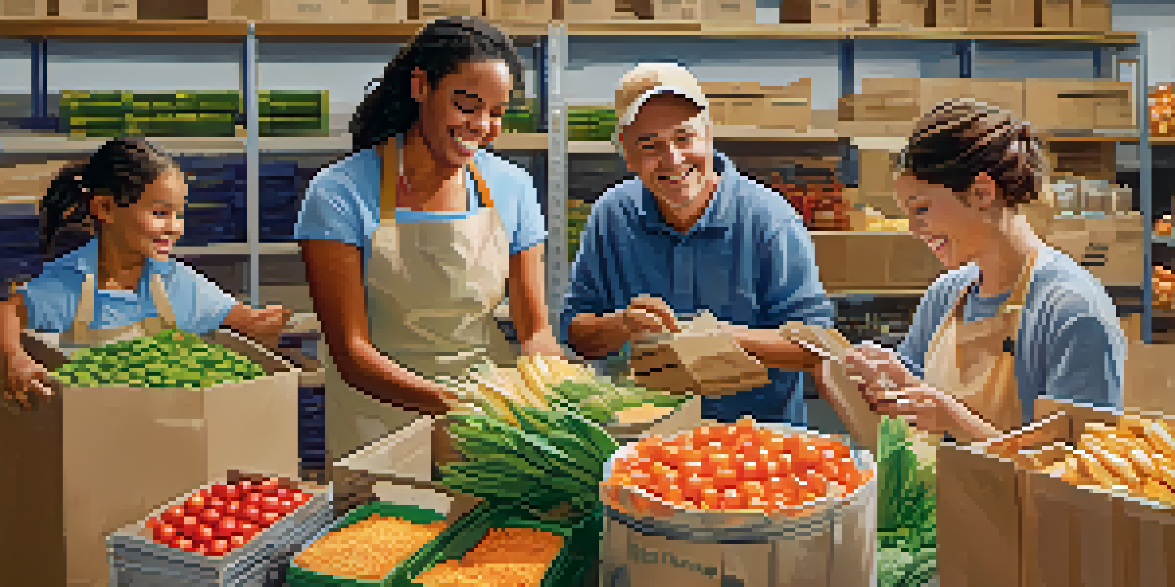 A family happily sorting food at a food bank, showcasing teamwork and community involvement.