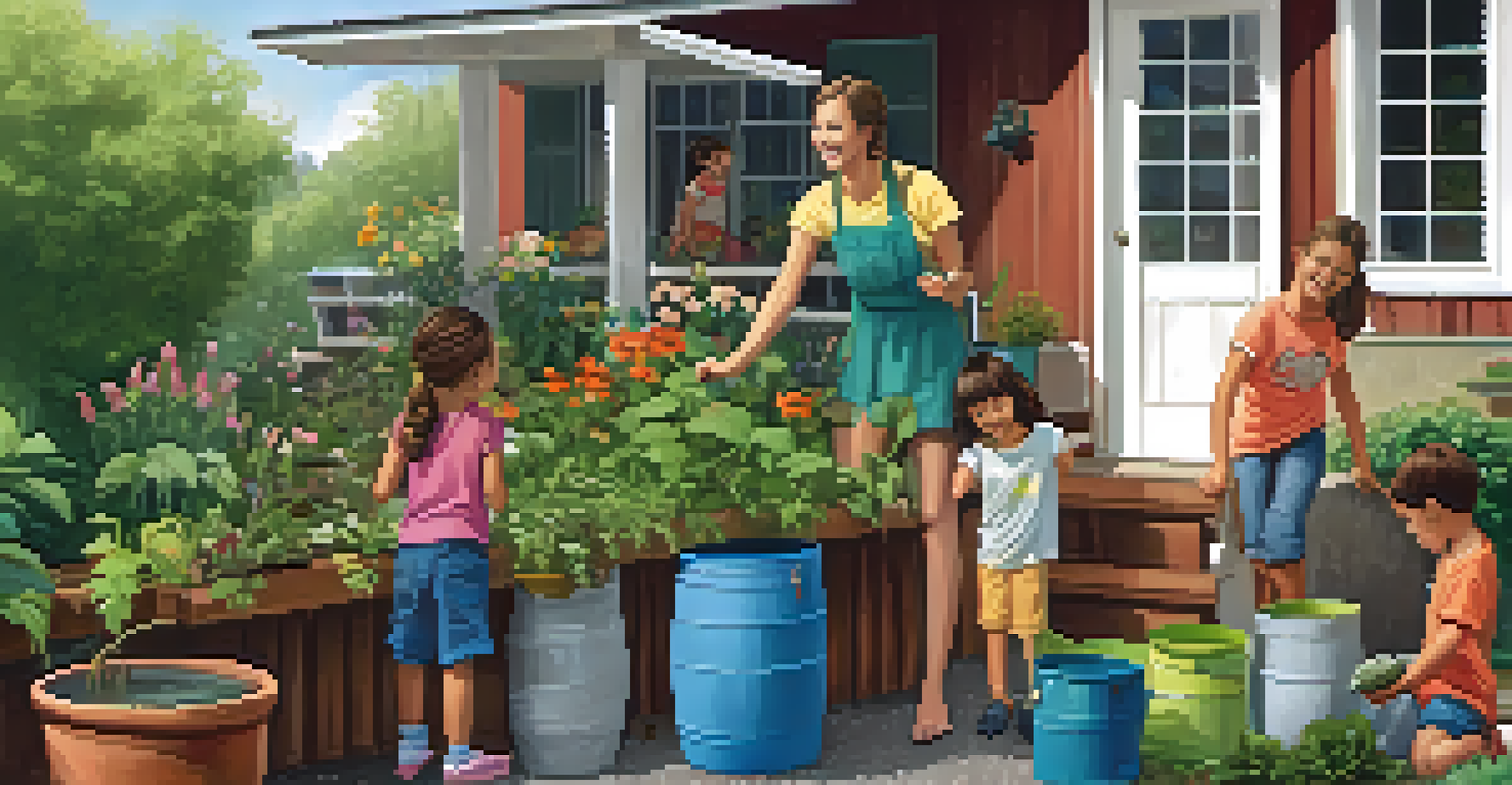 A family with children setting up a rainwater harvesting system in a sunny garden.
