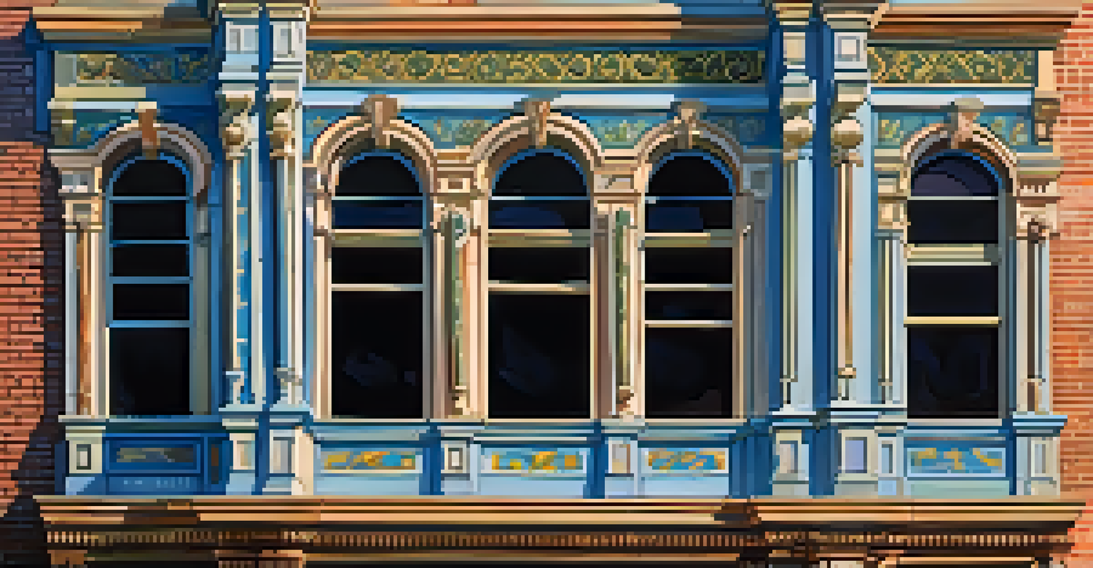 A detailed close-up of a historic building in Phoenix, emphasizing its architectural features and textures in soft morning light.