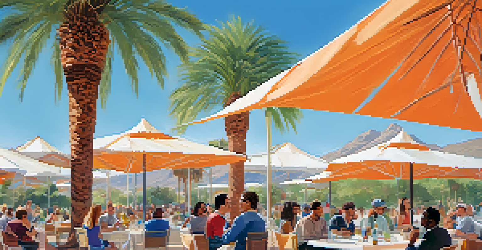 An outdoor networking event in a park in Phoenix with attendees conversing, surrounded by colorful banners and the Arizona landscape.