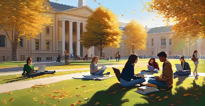 A diverse group of students studying together on a grassy area of a university campus under autumn trees.