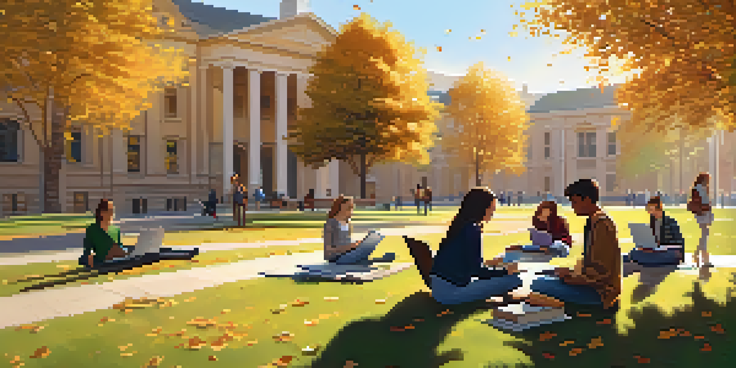 A diverse group of students studying together on a grassy area of a university campus under autumn trees.