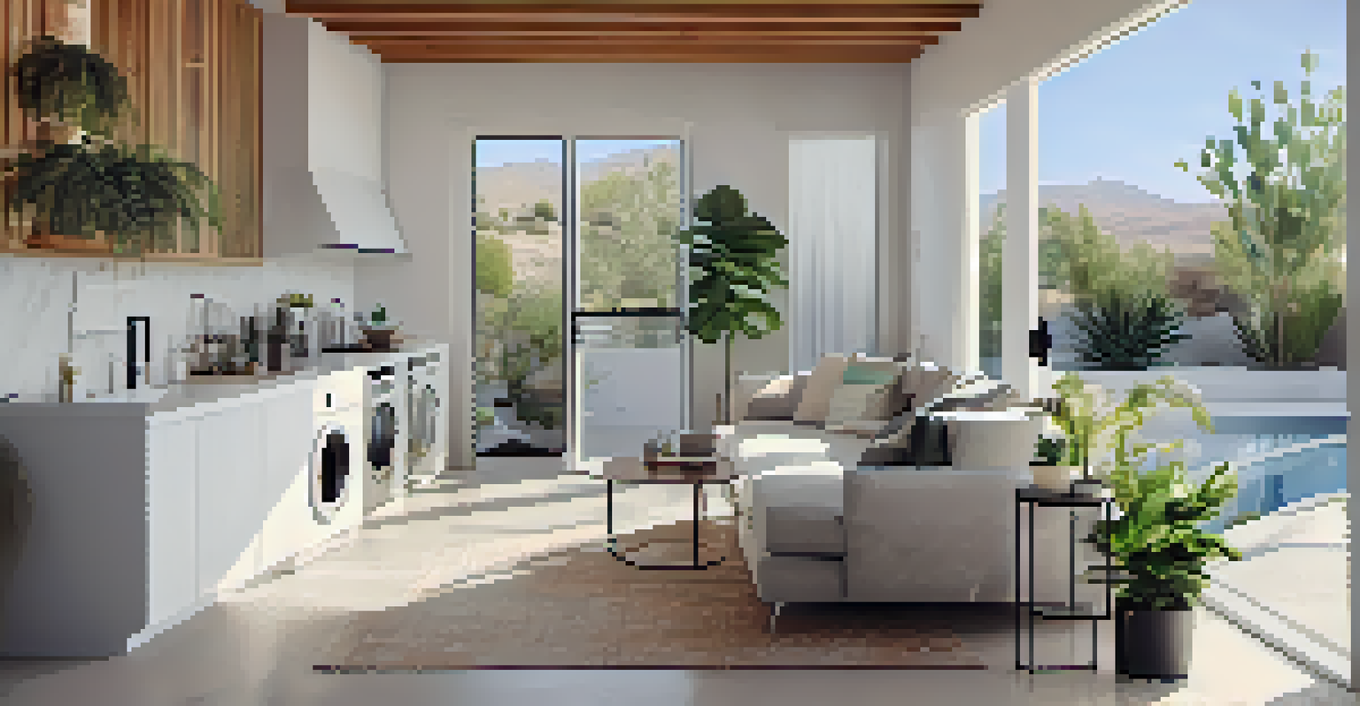 An interior of a modern home in Phoenix featuring water-saving appliances like a low-flow showerhead and a washing machine.