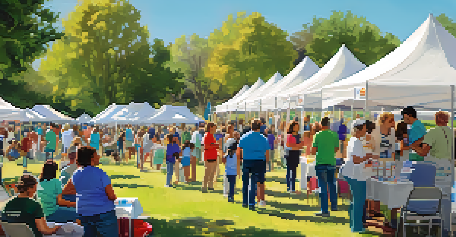 A community health event in a park with healthcare providers offering free screenings and resources, featuring colorful tents and families participating in activities.