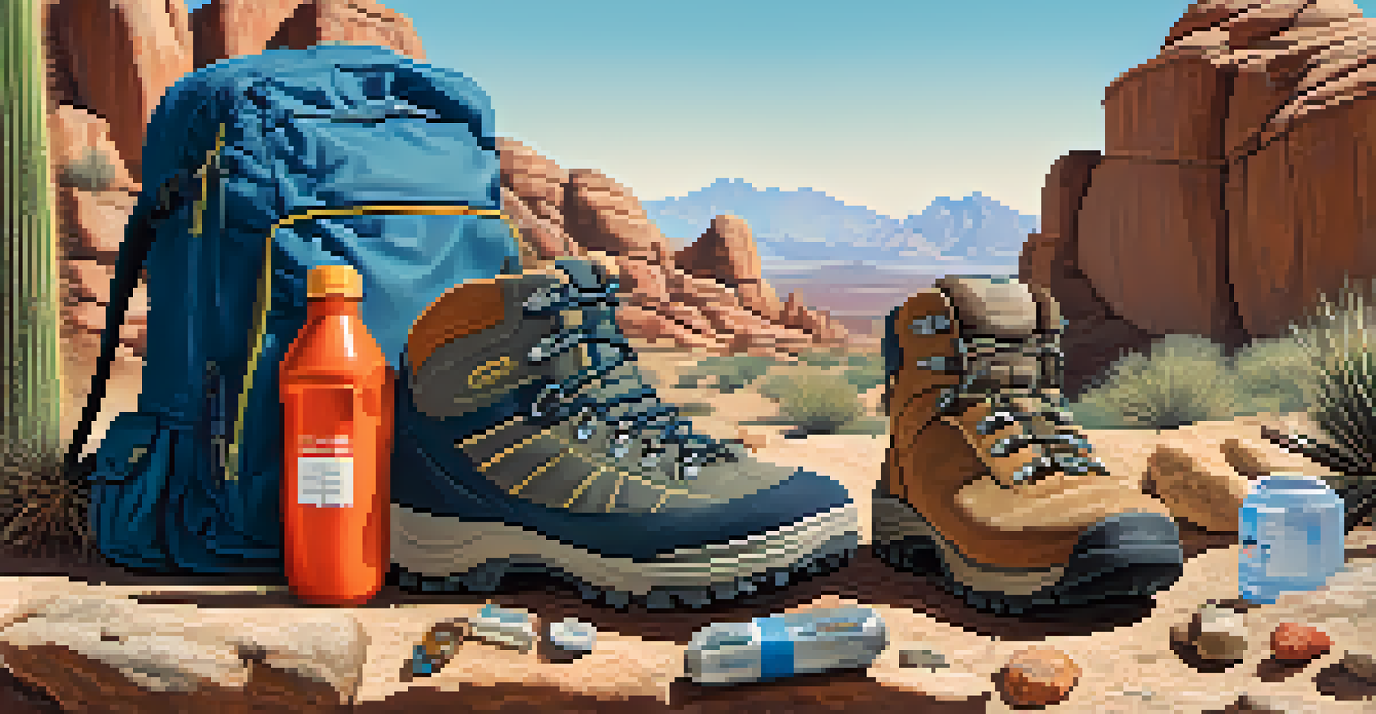 Essential hiking gear including boots, a water bottle, first-aid kit, and snacks displayed on a rocky surface with a desert landscape in the background.