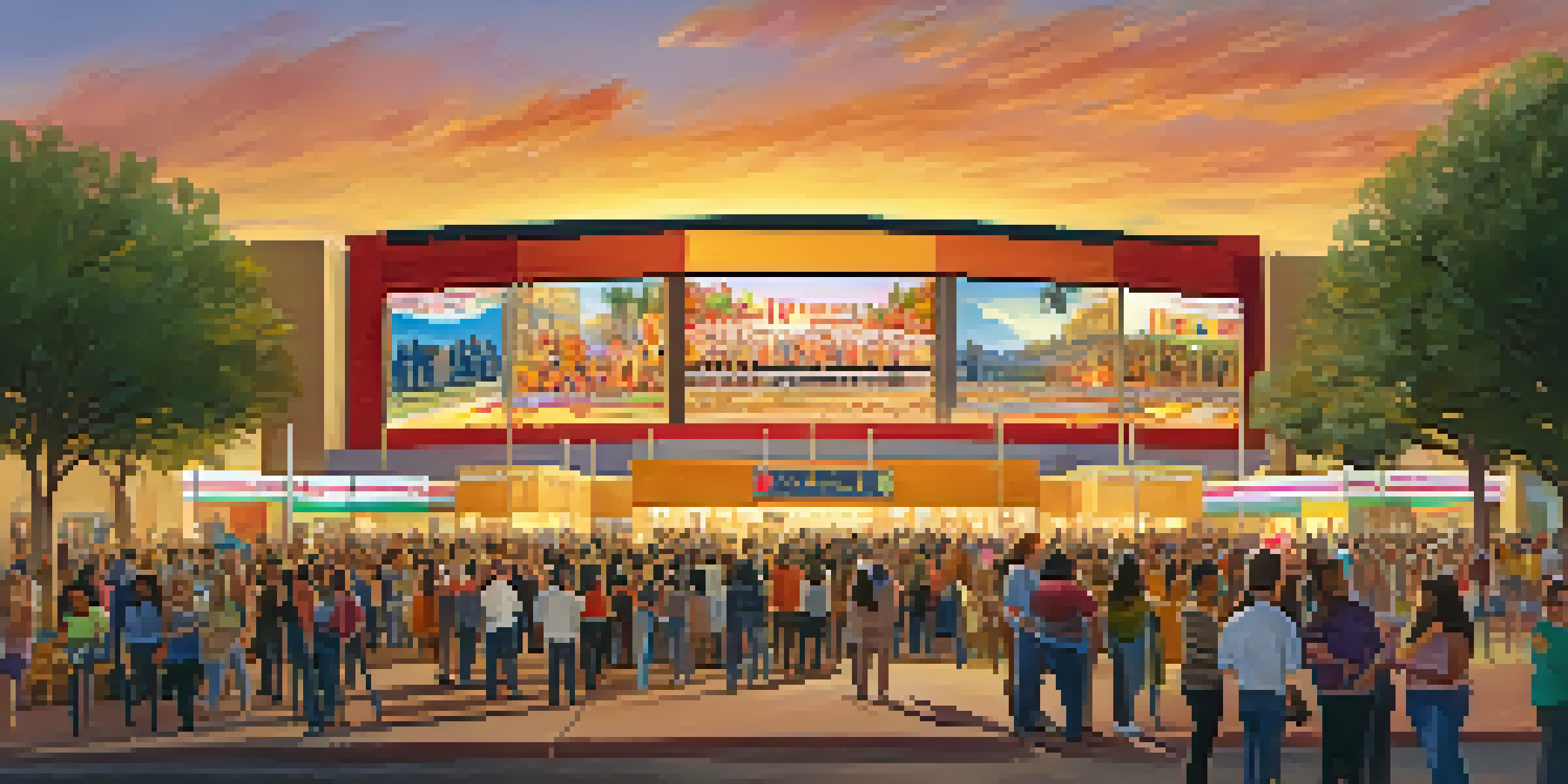 A lively outdoor community theater event in Phoenix, featuring diverse groups of people enjoying creative activities under a warm sunset.