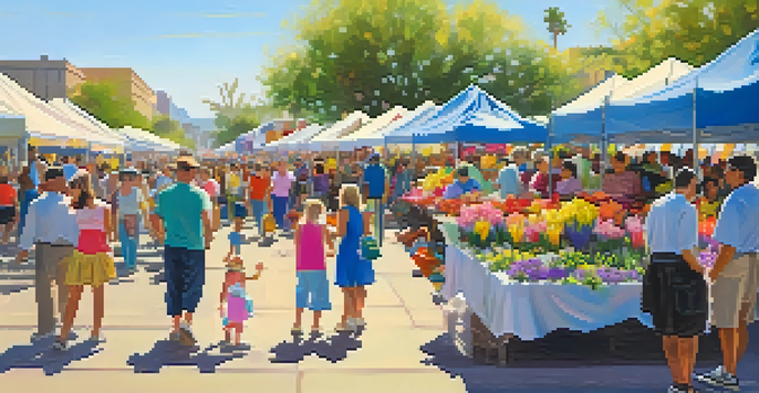 A lively spring festival with colorful flowers, families participating in activities, and food vendors.