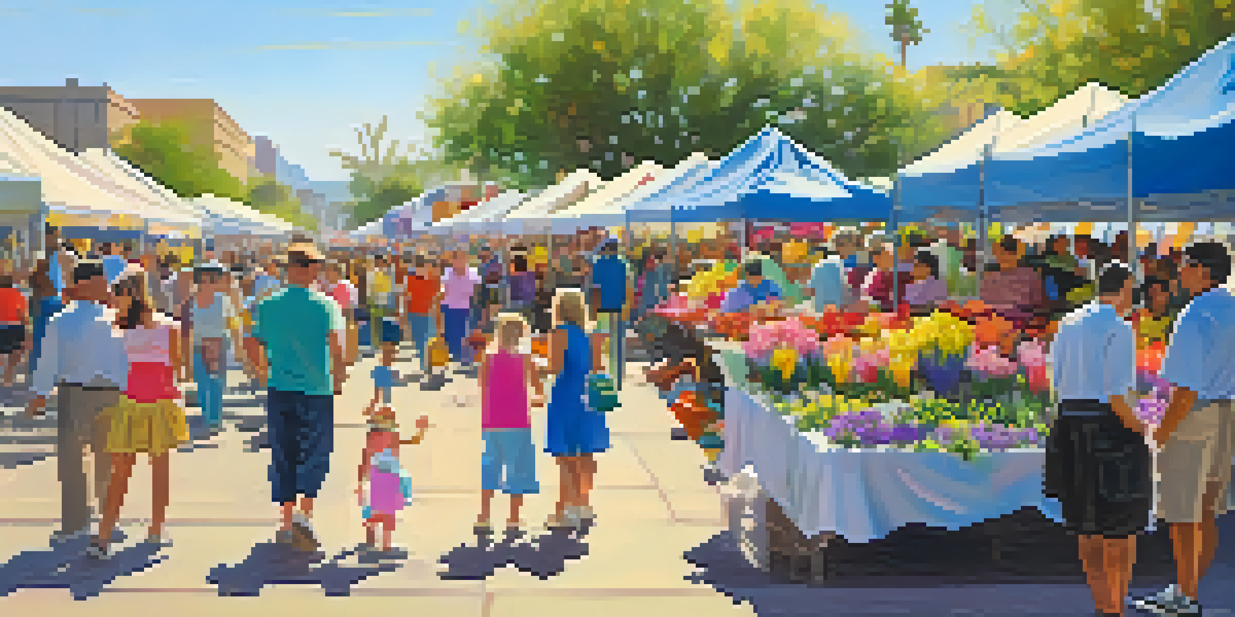 A lively spring festival with colorful flowers, families participating in activities, and food vendors.