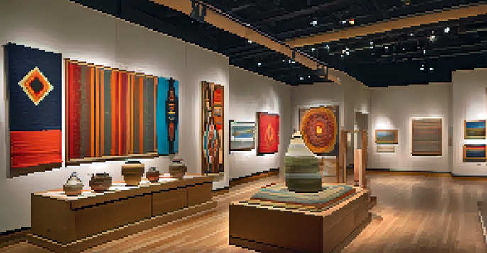 A lively exhibit at the Arizona Historical Society with Native American art displays, featuring textiles and pottery, and visitors exploring the artifacts.