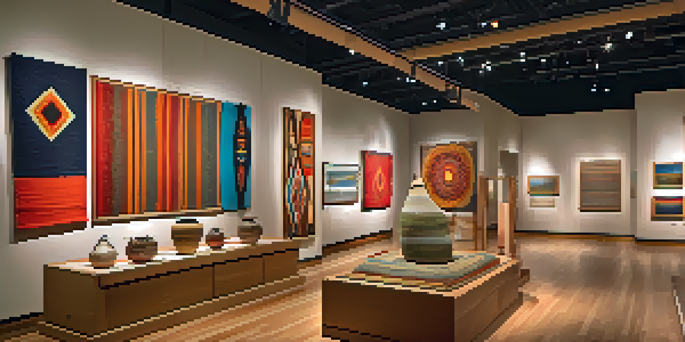 A lively exhibit at the Arizona Historical Society with Native American art displays, featuring textiles and pottery, and visitors exploring the artifacts.
