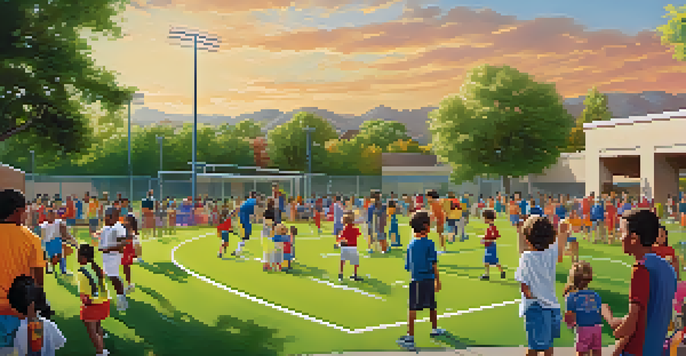A lively family sports day at a recreation center, with families playing soccer and basketball under a sunny sky.