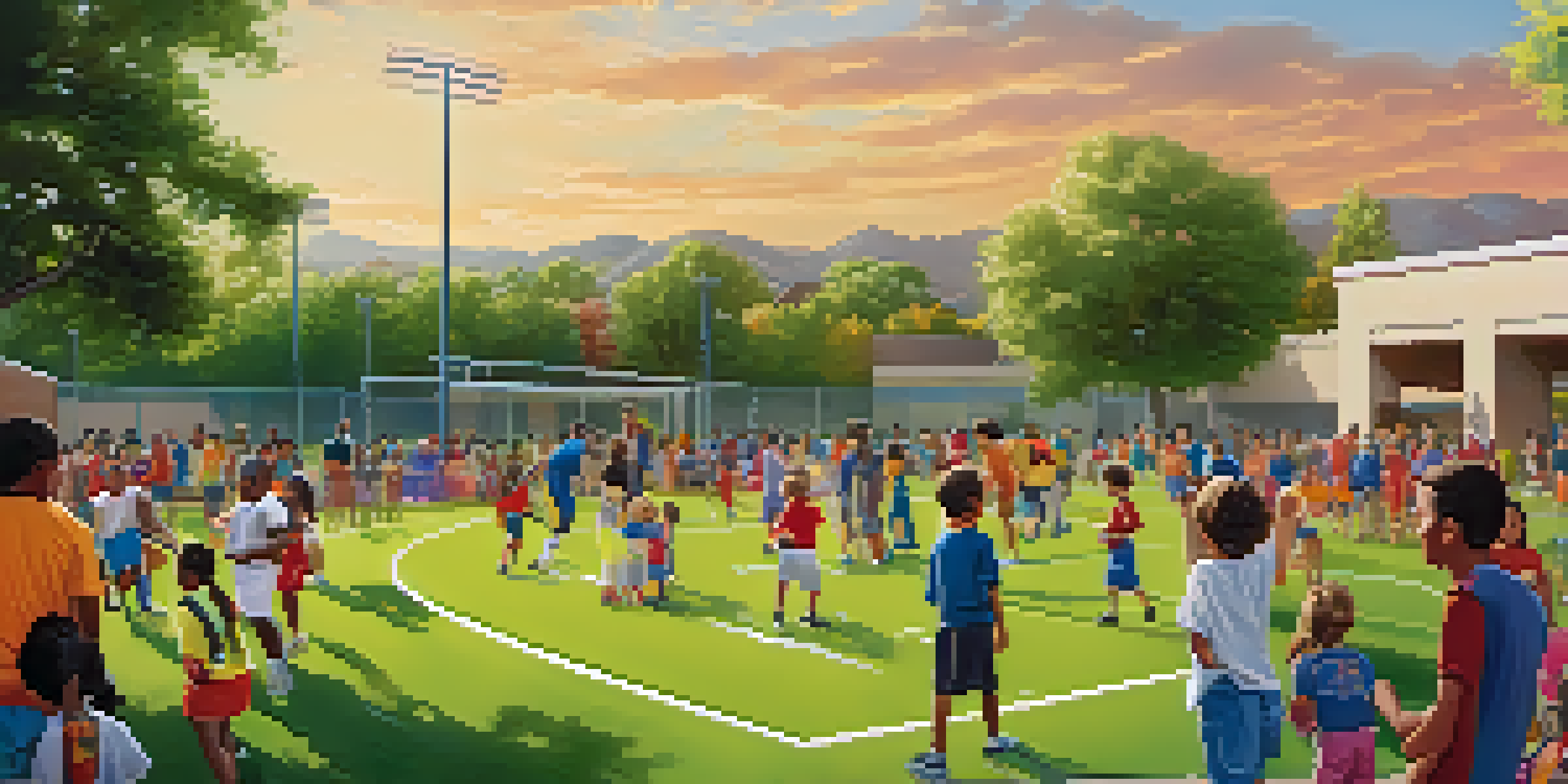 A lively family sports day at a recreation center, with families playing soccer and basketball under a sunny sky.