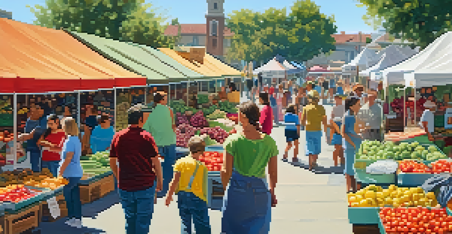 A lively farmers market in Arcadia with families shopping and enjoying fresh produce, surrounded by colorful vendor stalls.