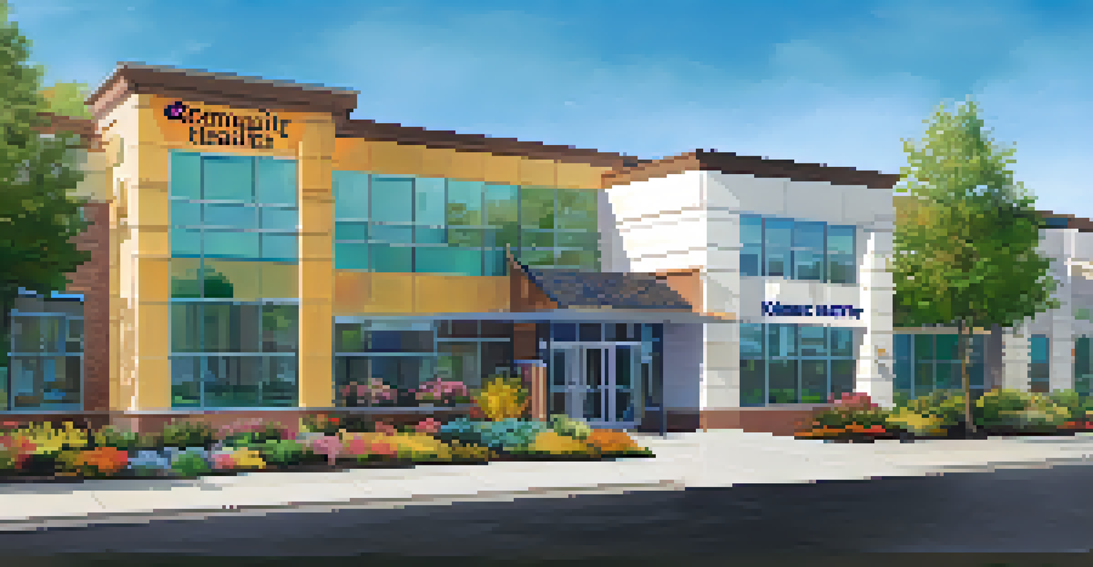 Exterior view of a community health center with seniors entering, surrounded by plants and a clear sky.
