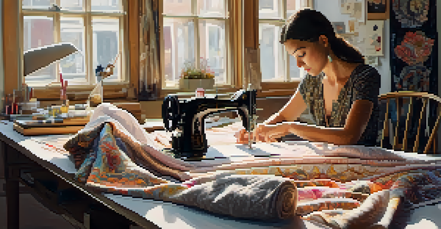 A fashion designer sewing a garment made from vintage fabrics in a well-lit workspace filled with materials and sketches.
