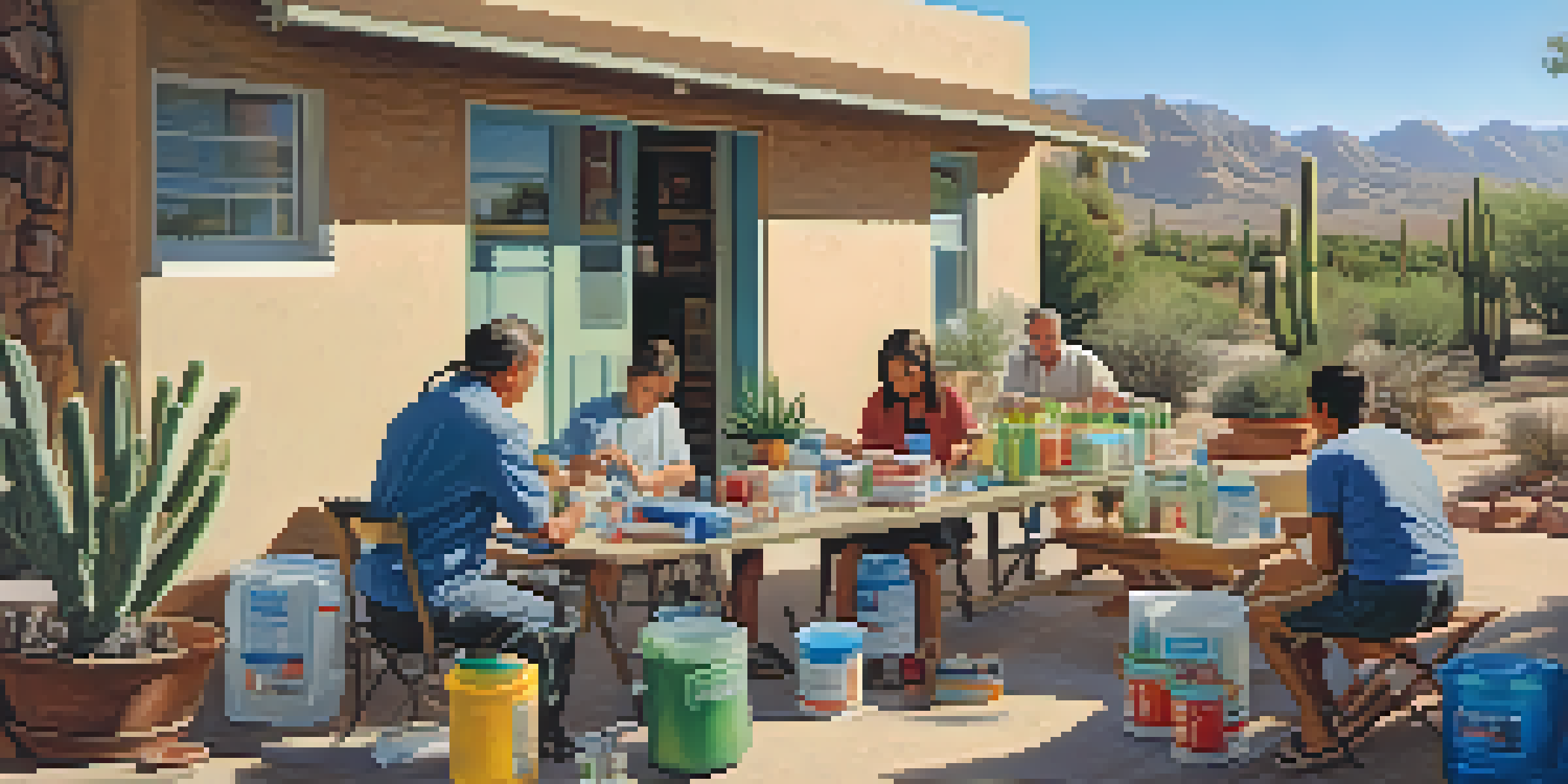 A family in a sunny backyard in Phoenix, Arizona, preparing an emergency supply kit with various items on a table.