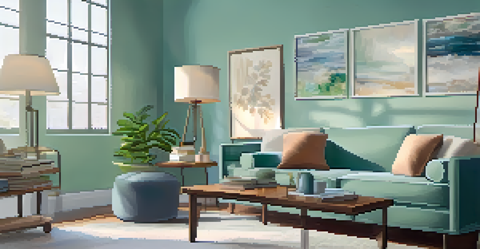 A warm and inviting therapist's office with a couch, coffee table, and calming decorations.