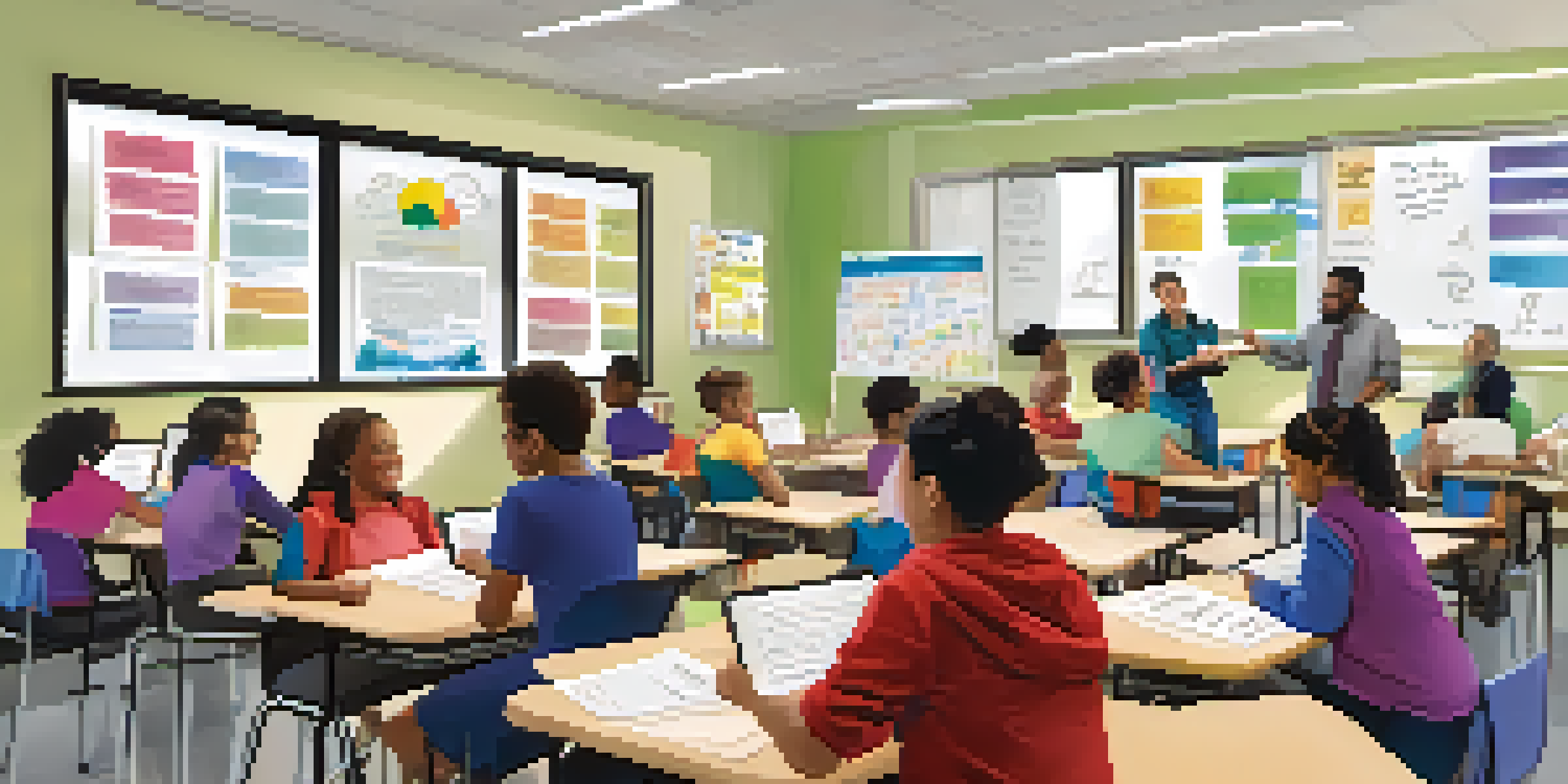 A lively classroom with adult learners participating in a certificate program, featuring diverse students and bright educational materials.