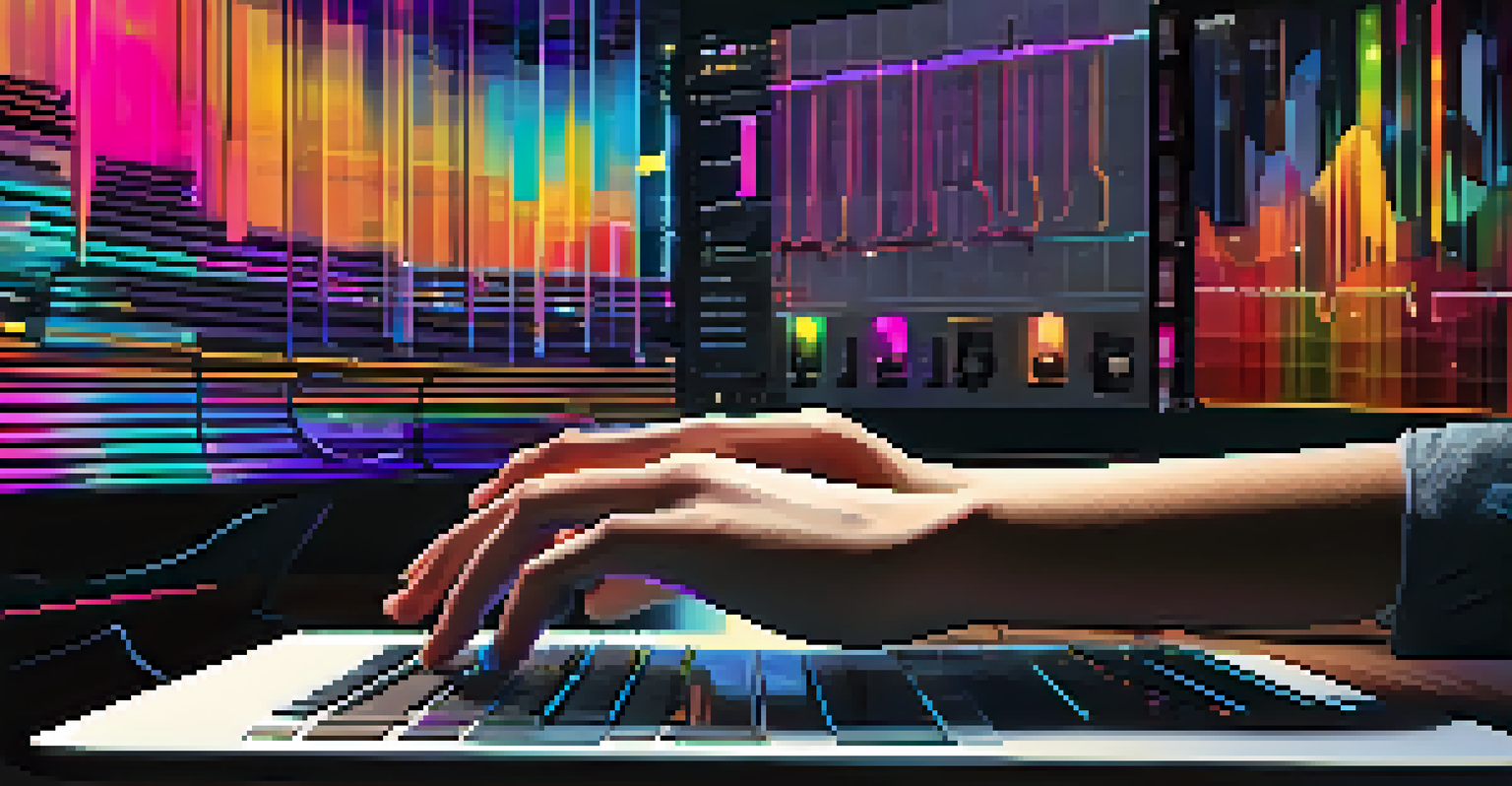 Close-up of hands using music production software on a laptop in a modern studio, with colorful sound waves displayed on the screen.