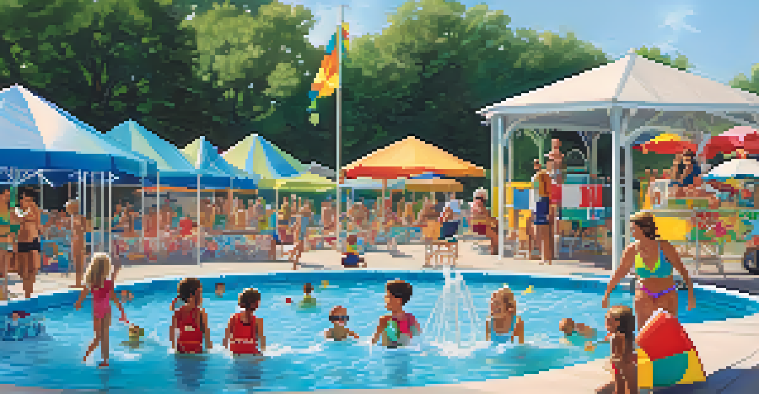 Families enjoying a community event at a public pool with children playing in a splash pad.
