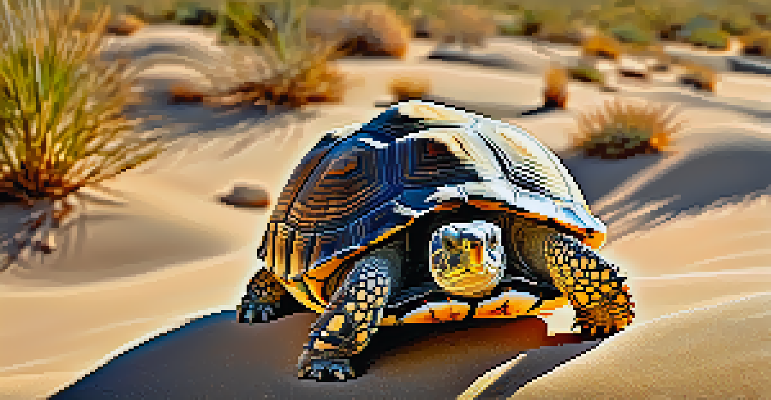 A close-up of a desert tortoise basking in the sun with desert plants in the background.