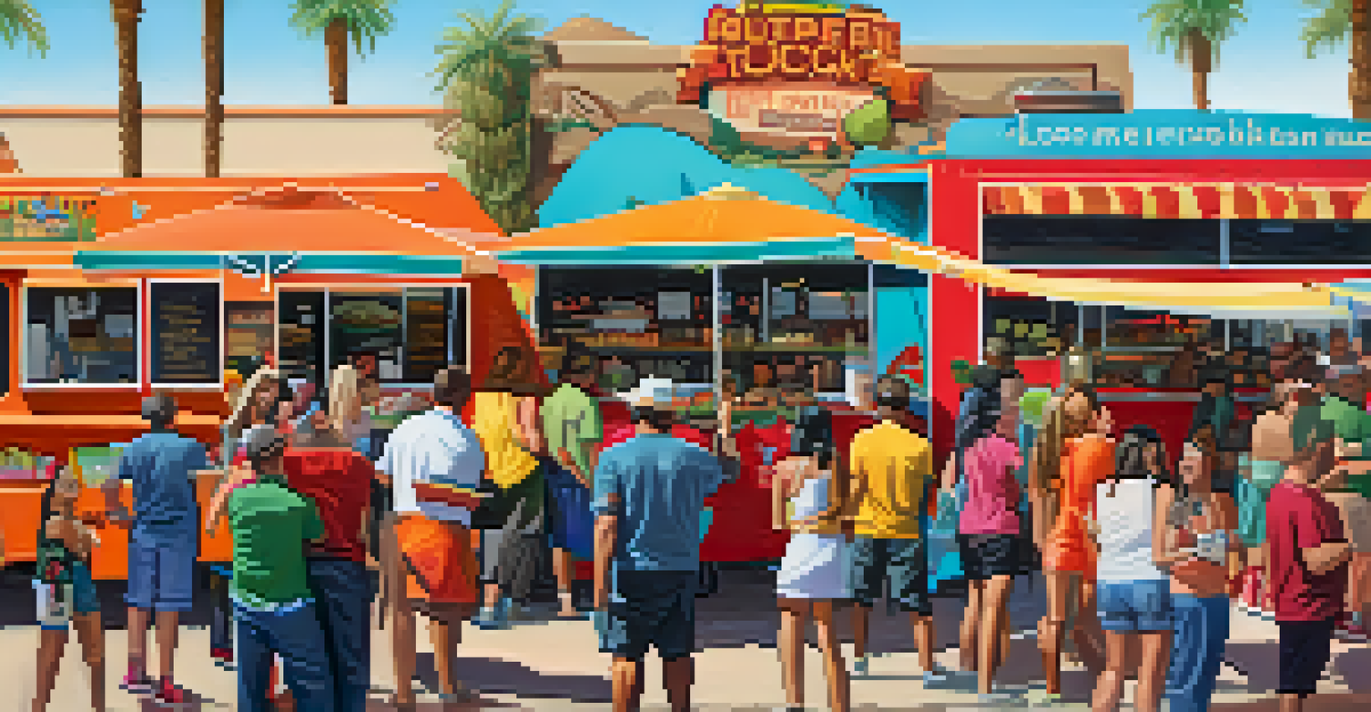 A bustling food truck festival outside a Phoenix sports venue, with fans enjoying local specialties and a vibrant atmosphere filled with colorful food trucks.
