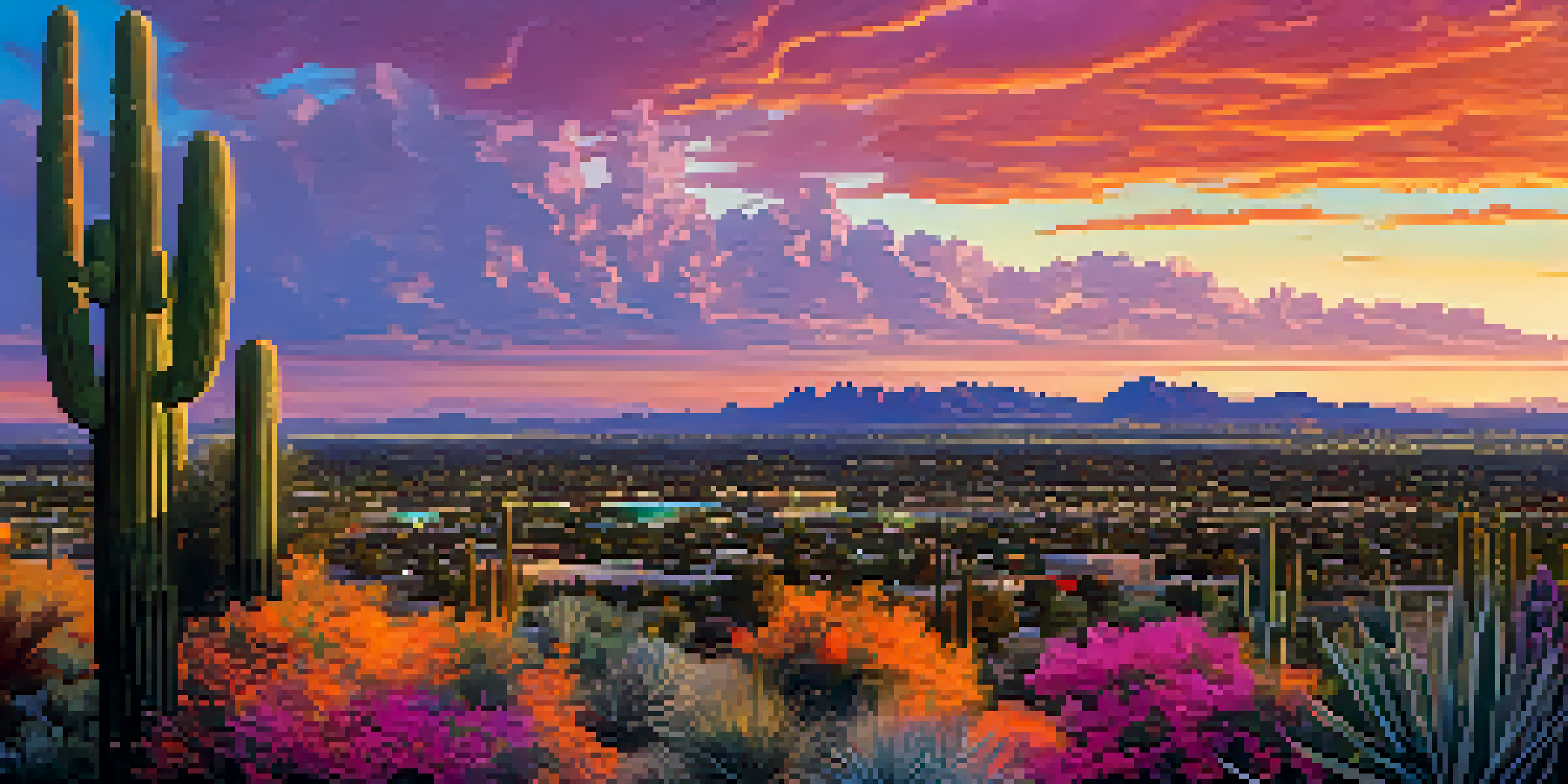 A sunset view of Phoenix, Arizona skyline with colorful sky and desert plants in the foreground.