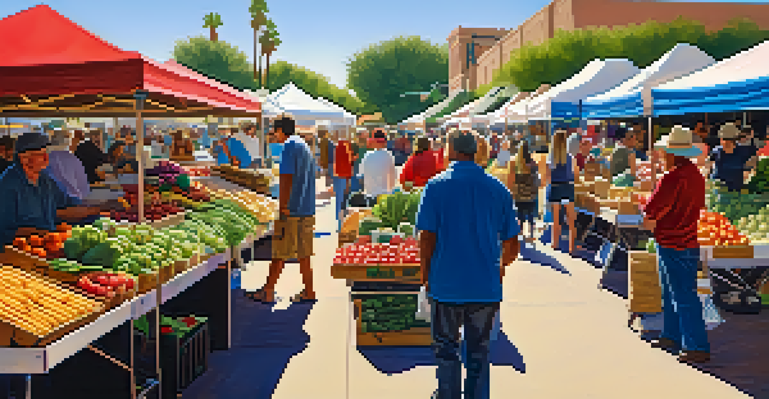 A lively farmer's market in Phoenix with colorful stalls and people enjoying shopping.