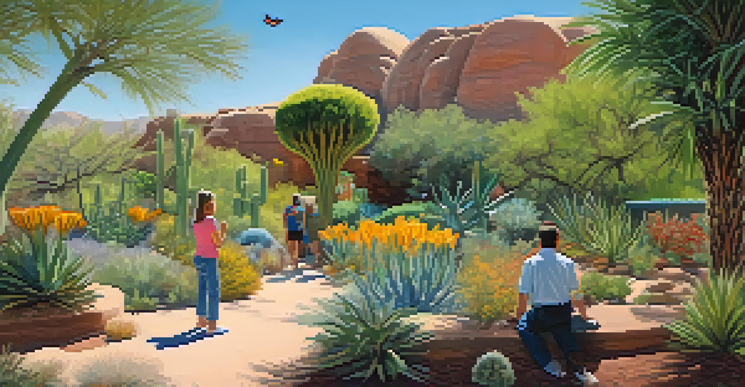 A family watching butterflies in the Desert Botanical Garden, surrounded by vibrant desert flora and a clear sky.