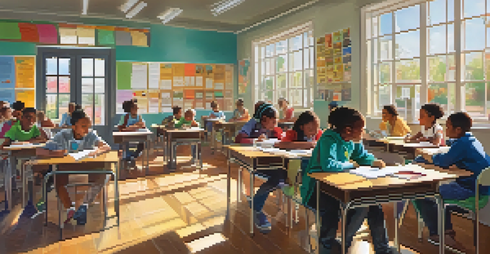 Diverse students in a classroom engaged in a health education lesson, with sunlight streaming in and colorful health posters on the walls.