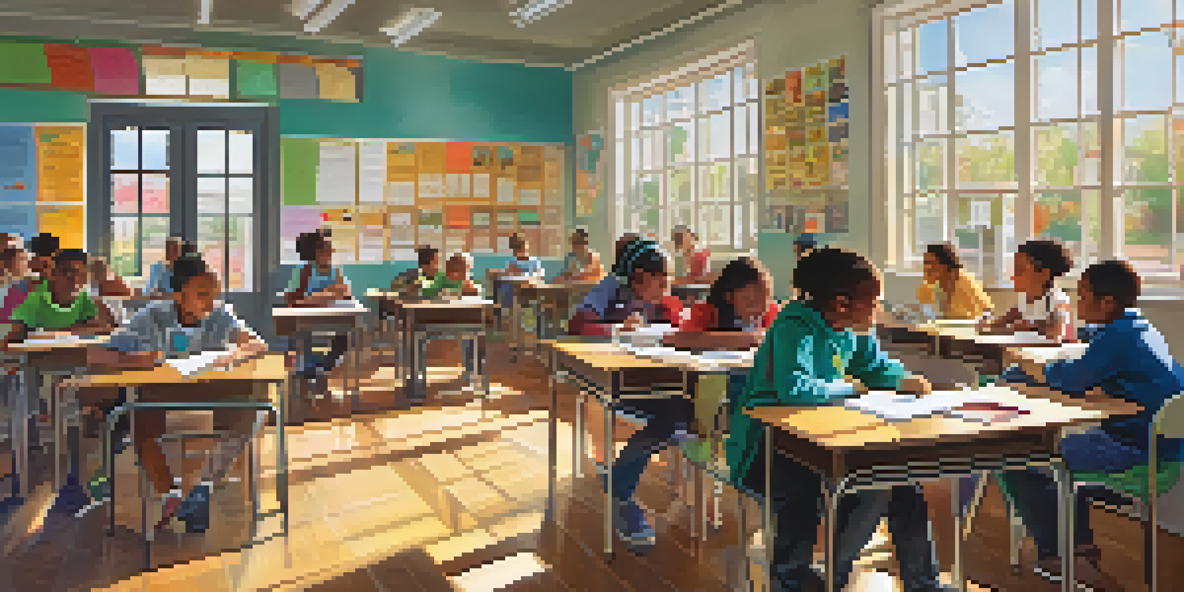 Diverse students in a classroom engaged in a health education lesson, with sunlight streaming in and colorful health posters on the walls.