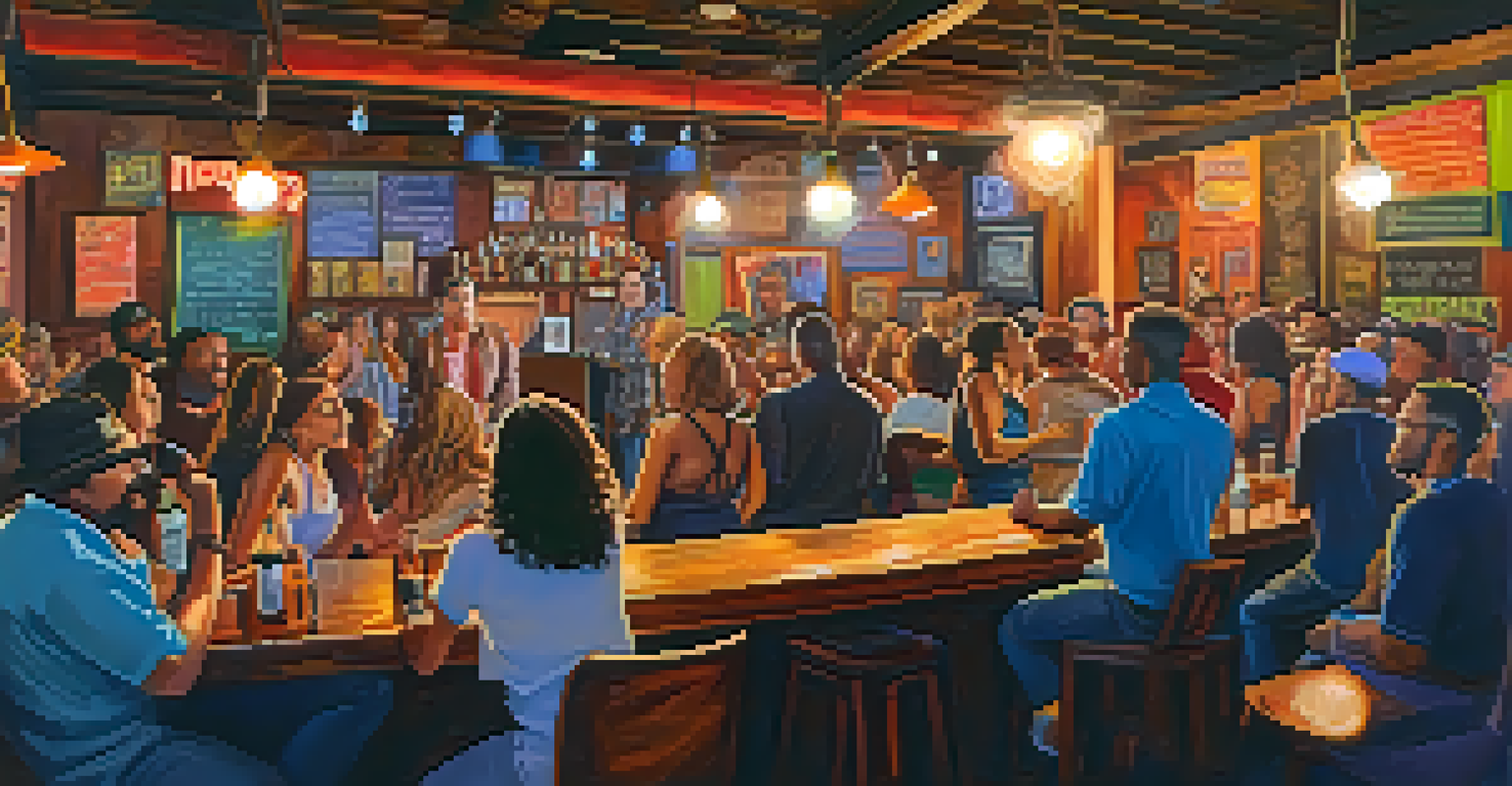 A slam poetry performance at a bar with a poet on stage and an enthusiastic audience.