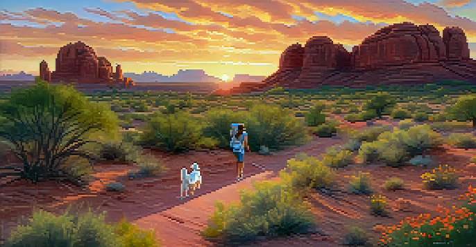 A person playing fetch with a dog in Papago Park, surrounded by red rock formations and a colorful sunset.