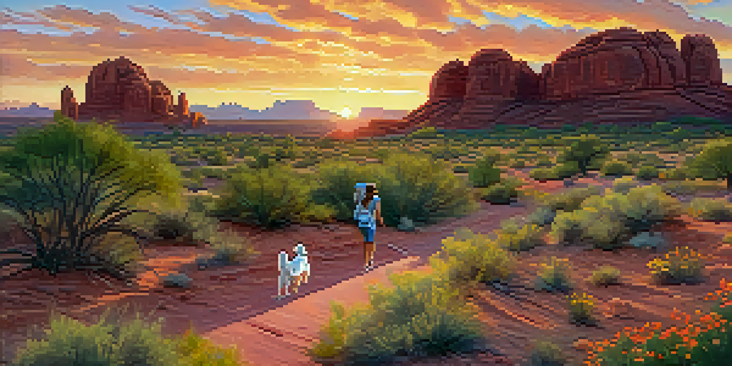 A person playing fetch with a dog in Papago Park, surrounded by red rock formations and a colorful sunset.