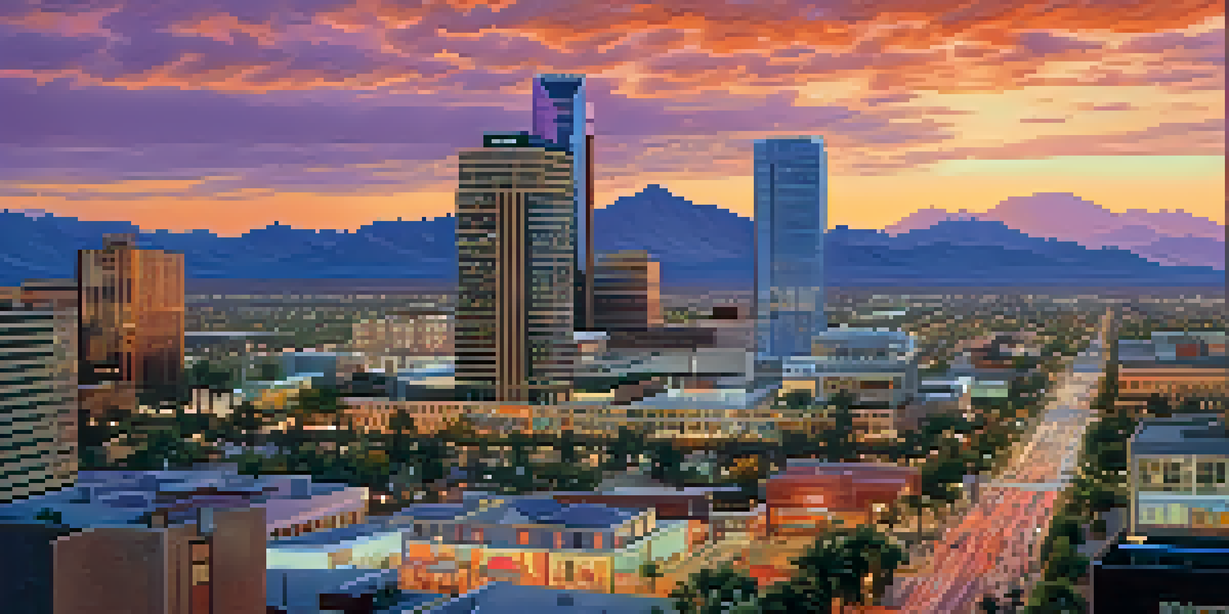 A sunset view of Phoenix's skyline with modern skyscrapers and desert scenery, featuring vibrant colors in the sky and a bustling street scene.