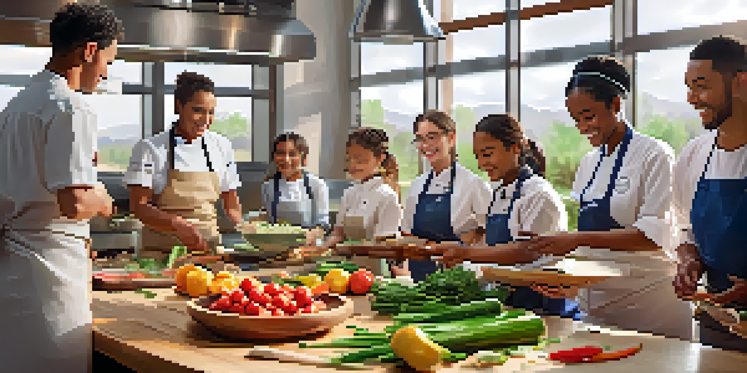 A lively cooking class in Phoenix with students preparing food under the guidance of a chef, surrounded by colorful ingredients and bright natural light.