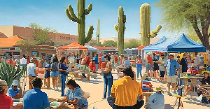 A community workshop for disaster preparedness in a park with families interacting with officials and colorful booths, surrounded by cacti and a blue sky.