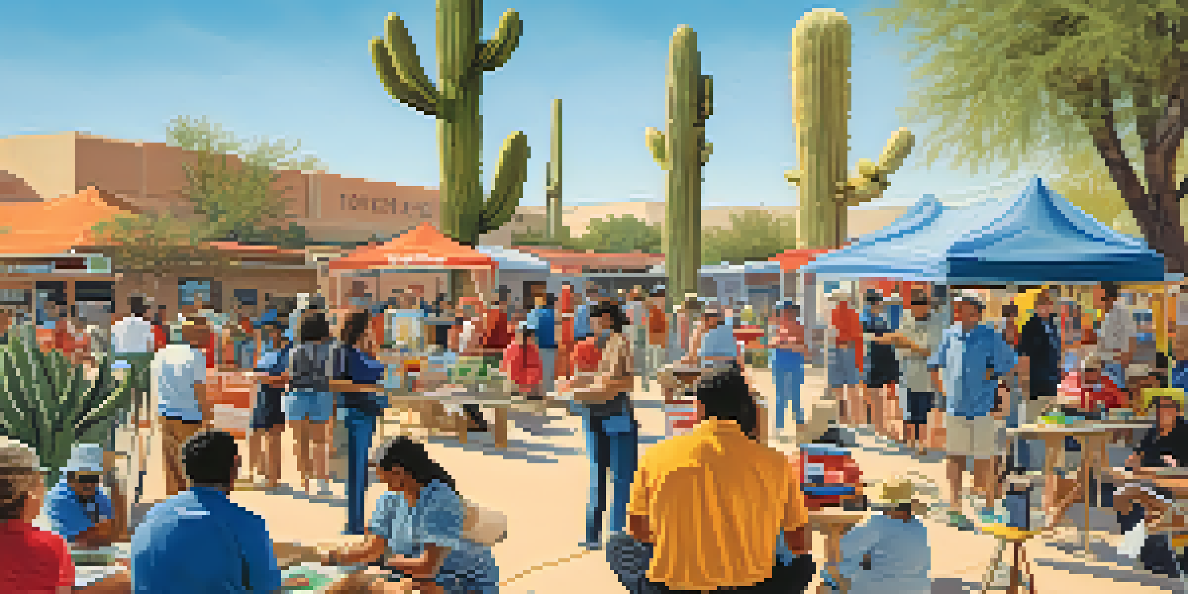 A community workshop for disaster preparedness in a park with families interacting with officials and colorful booths, surrounded by cacti and a blue sky.