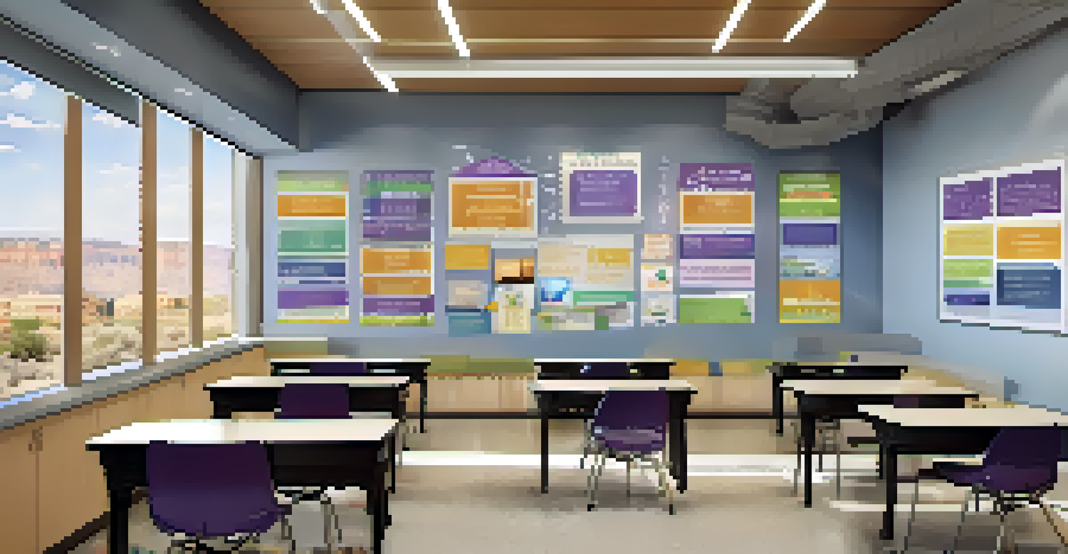A bright and modern classroom at Grand Canyon University, with students participating in a hands-on learning activity and Christian-themed decor.