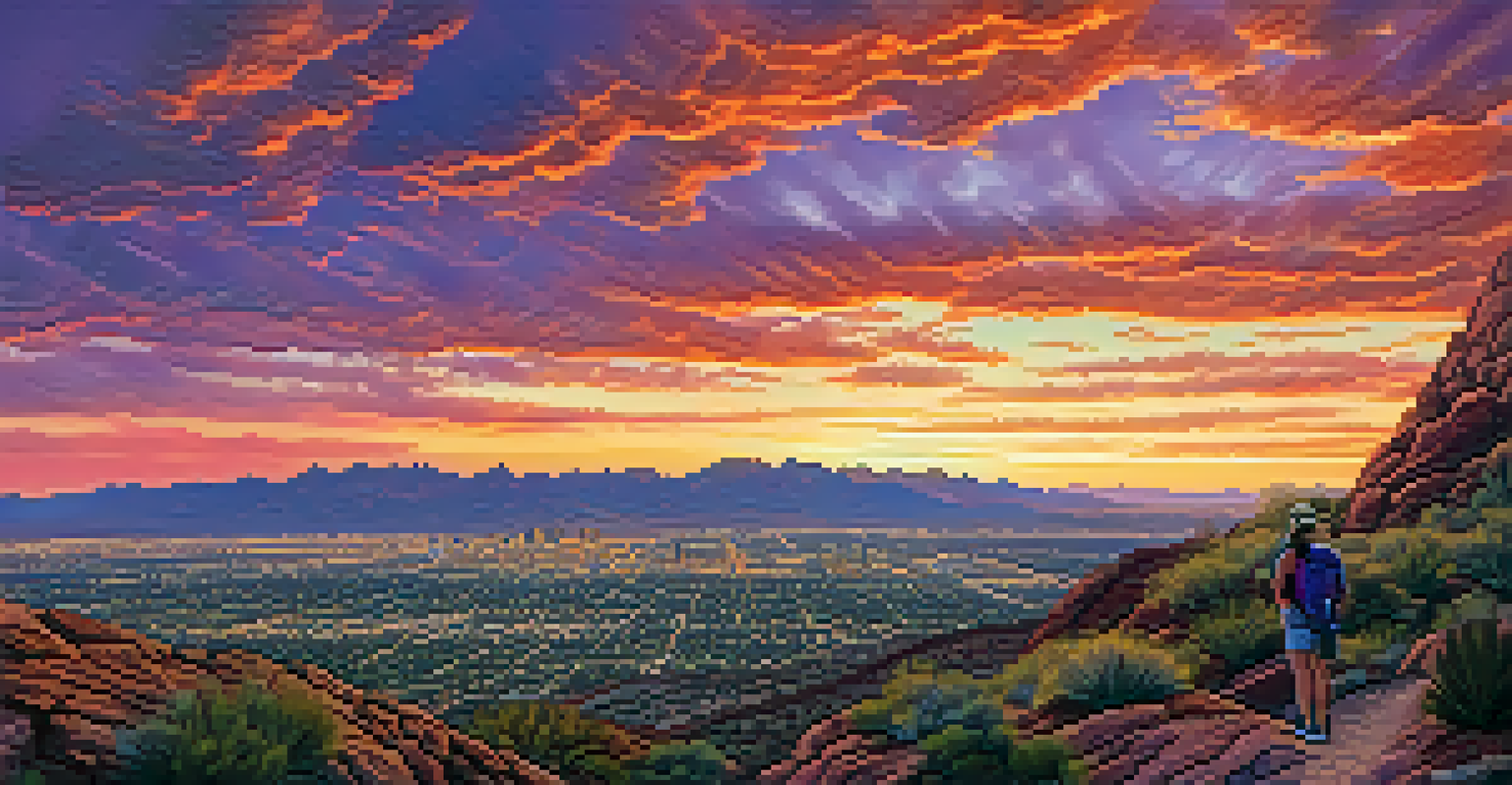 A stunning sunset view from South Mountain Park, with the Phoenix skyline silhouetted against colorful clouds.