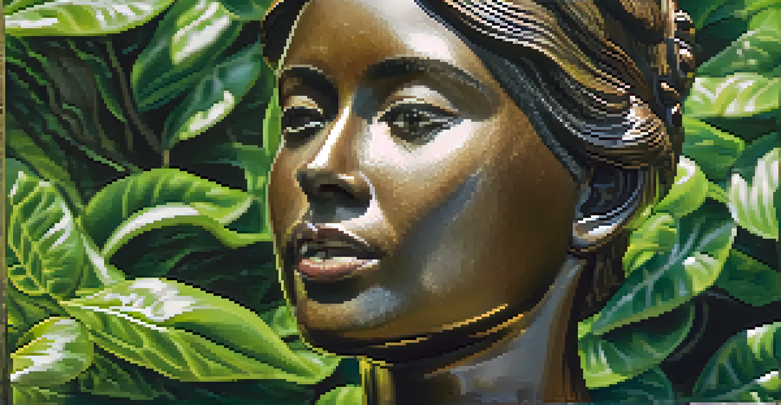Close-up of a bronze sculpture with detailed leaves and a serene expression, set in a green park with sunlight.