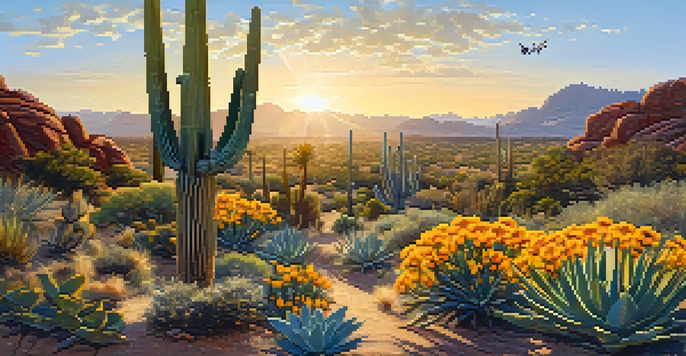 A colorful desert garden with native plants and butterflies, illuminated by golden sunlight.