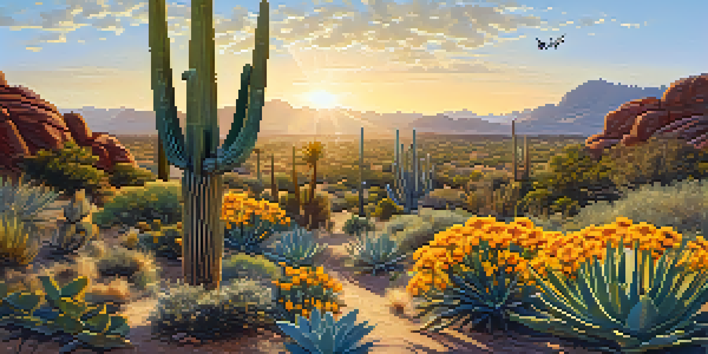 A colorful desert garden with native plants and butterflies, illuminated by golden sunlight.
