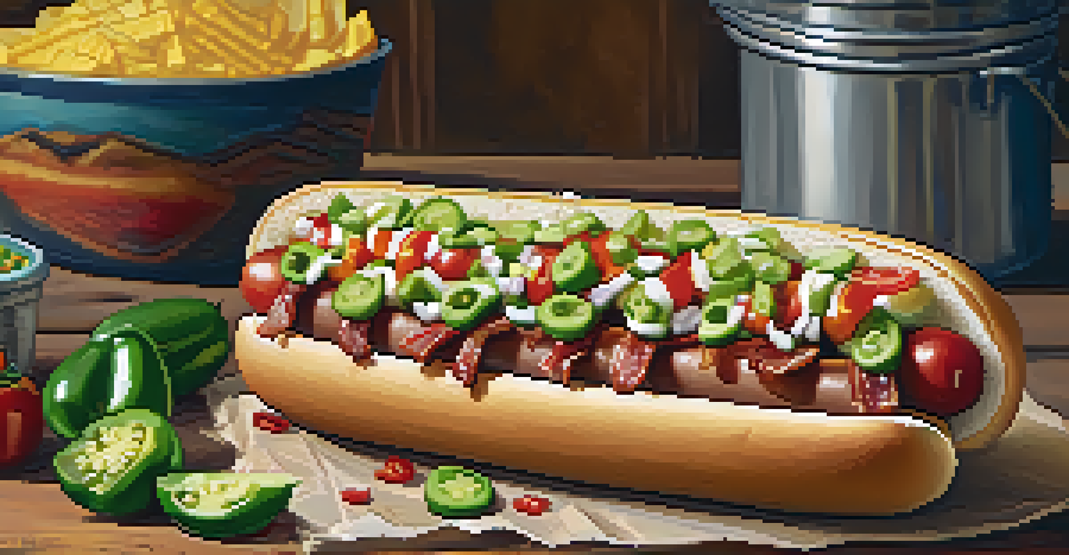 A delicious Sonoran hot dog wrapped in bacon and topped with fresh ingredients, displayed on a rustic wooden table with a bowl of salsa.