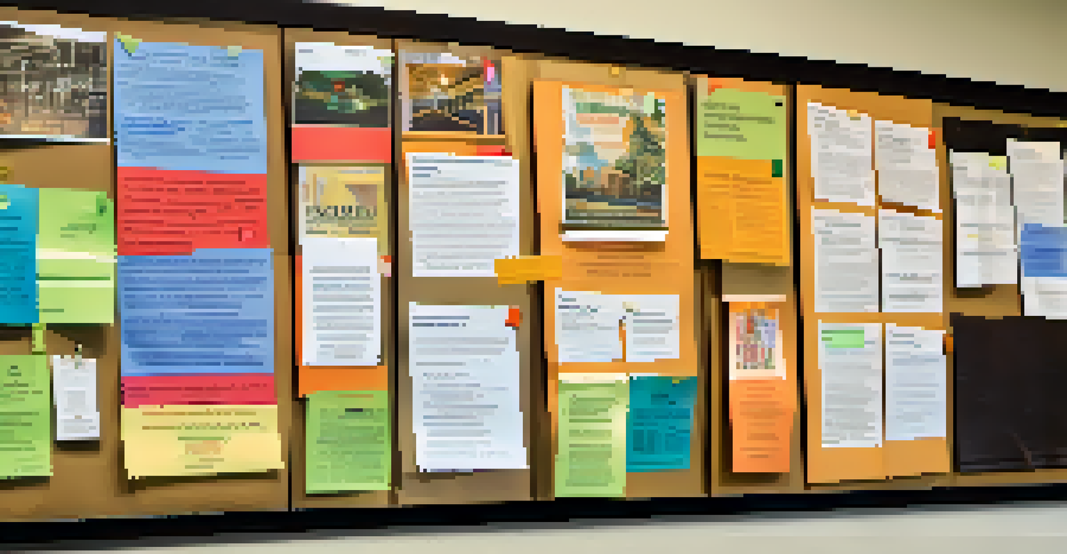 A community board in a Phoenix library showcasing colorful flyers for workshops and local events, illuminated by soft lighting.