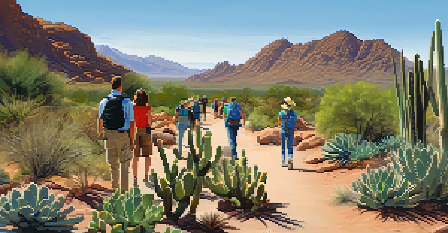 A scenic view of desert mountains in Phoenix with tourists hiking along a trail under a clear blue sky.