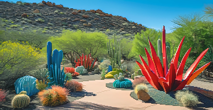 An outdoor art installation featuring colorful sculptures made from natural materials, surrounded by cacti and greenery in a sunny desert landscape.