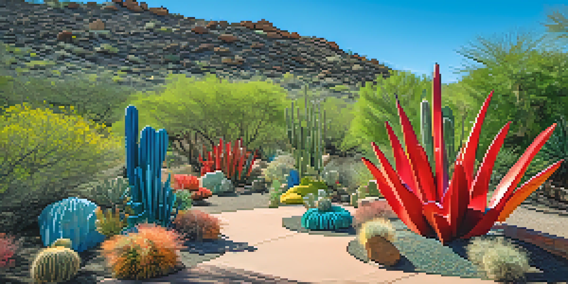 An outdoor art installation featuring colorful sculptures made from natural materials, surrounded by cacti and greenery in a sunny desert landscape.