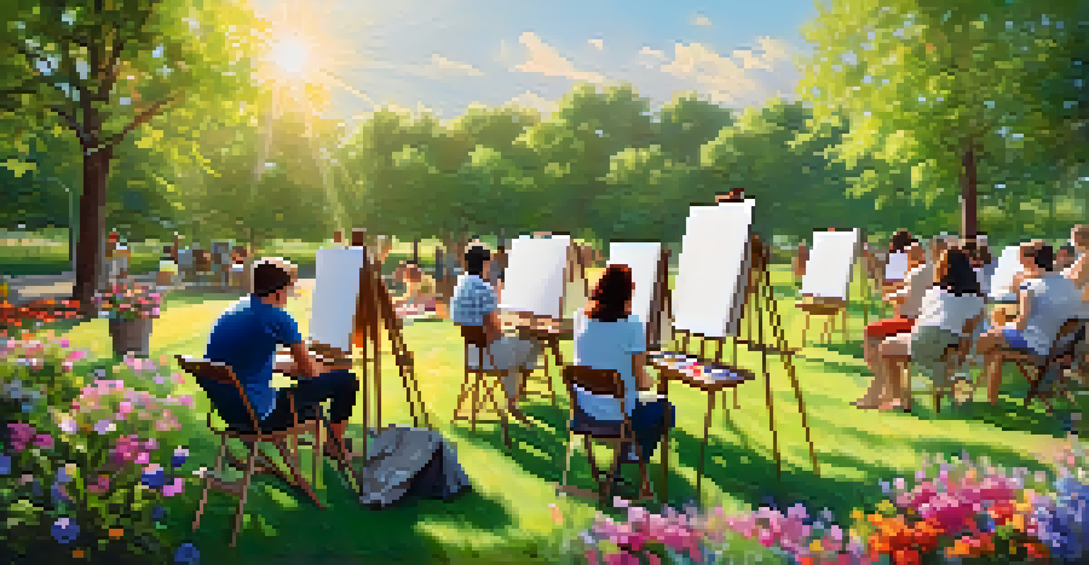 A group of individuals painting in a park during a creative arts workshop, surrounded by nature.